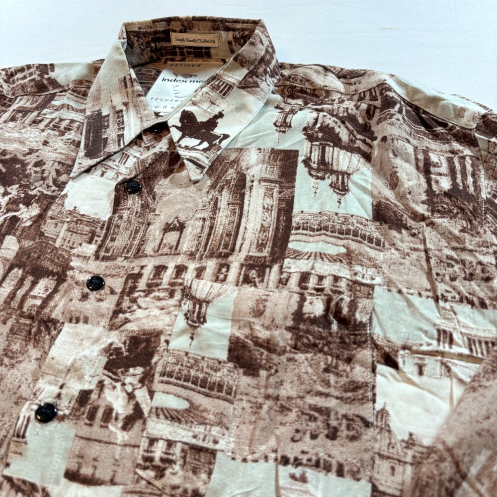 Index Men Rayon Architectural Cityscape Print Button Down Shirt Brown Sepia L